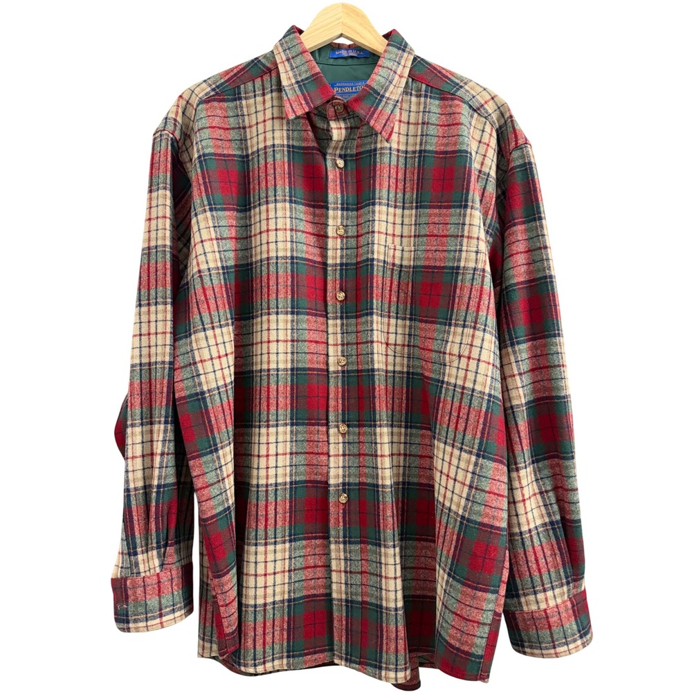Pendleton Vintage Plaid Wool Shirt Mens Large Red Green Made in USA Flannel